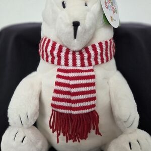 Festive Polar Bear Plush with Striped Red Scarf